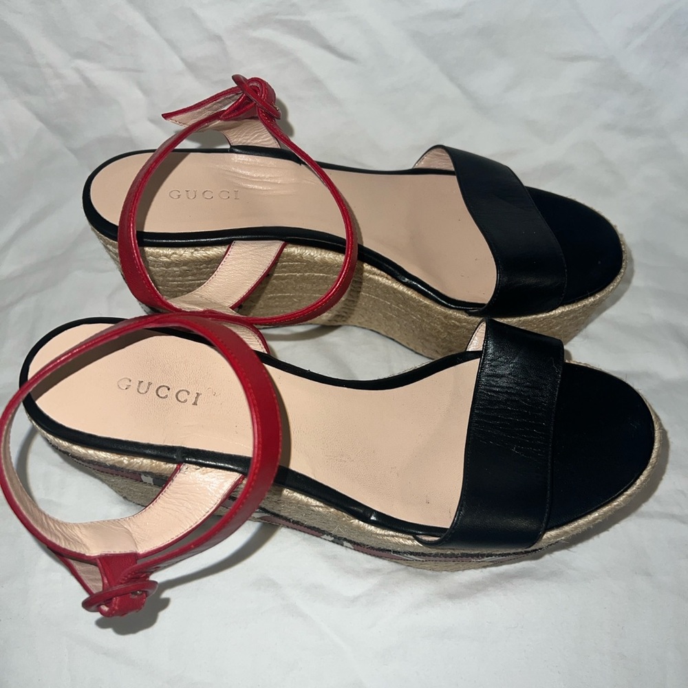 Gucci Black Leather and Red Snake-Accent Wedge Espadrilles - Picture 3 of 8
